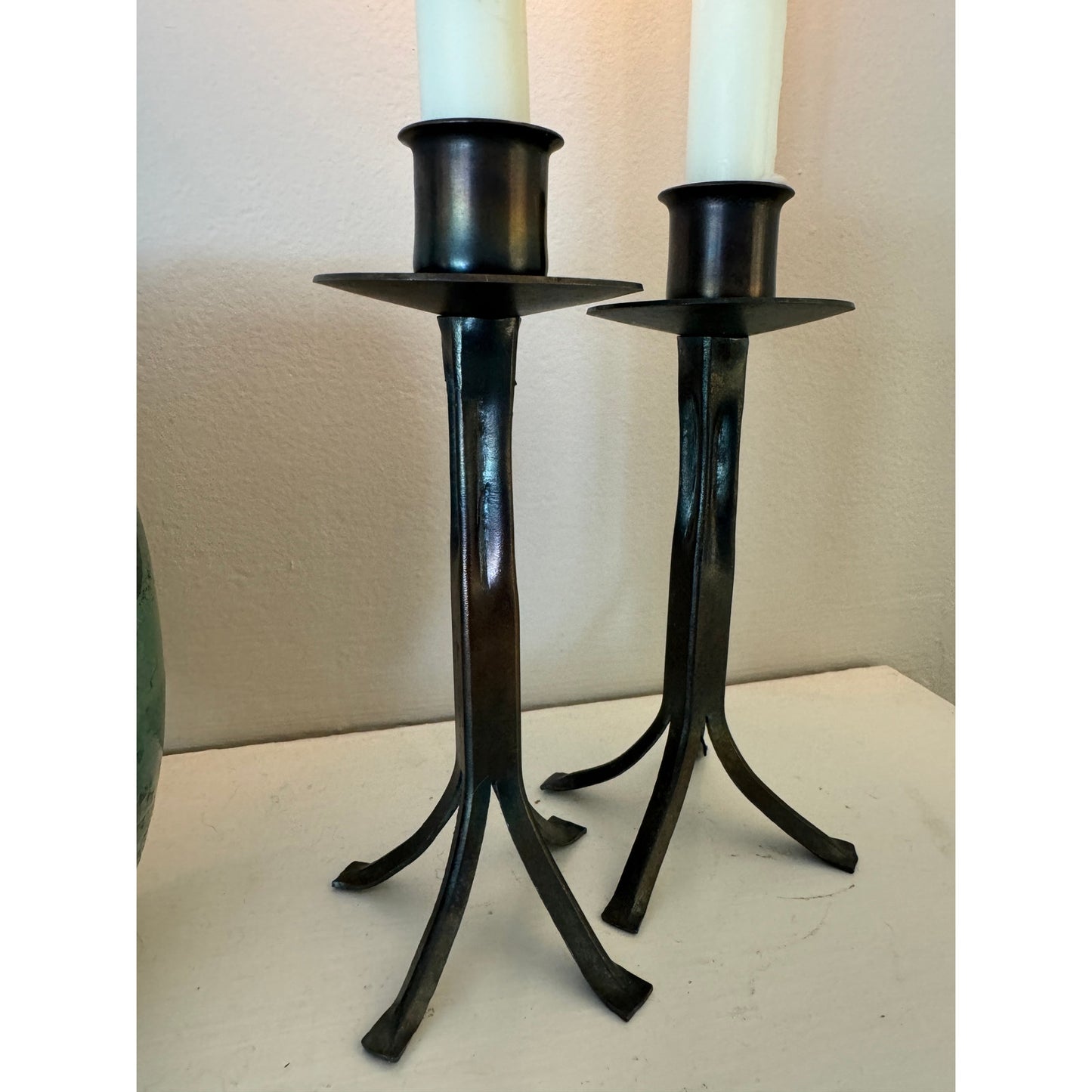 Vintage Bronze Candlesticks Pair – Iridescent - Minimalist Modern Rustic Design