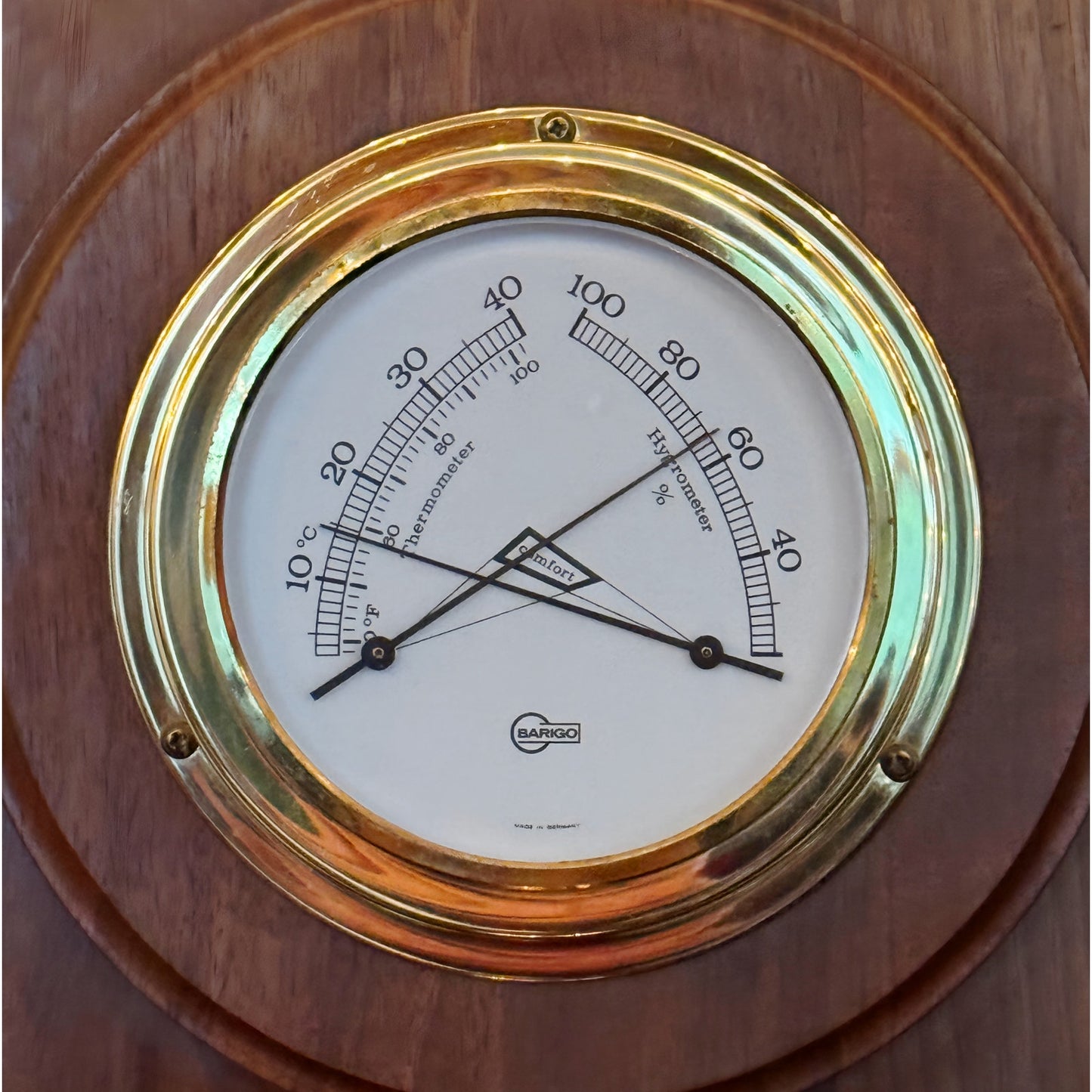 Vintage Barigo Weather Station - Thermometer Barometer in Brass Wood  Wall Mount