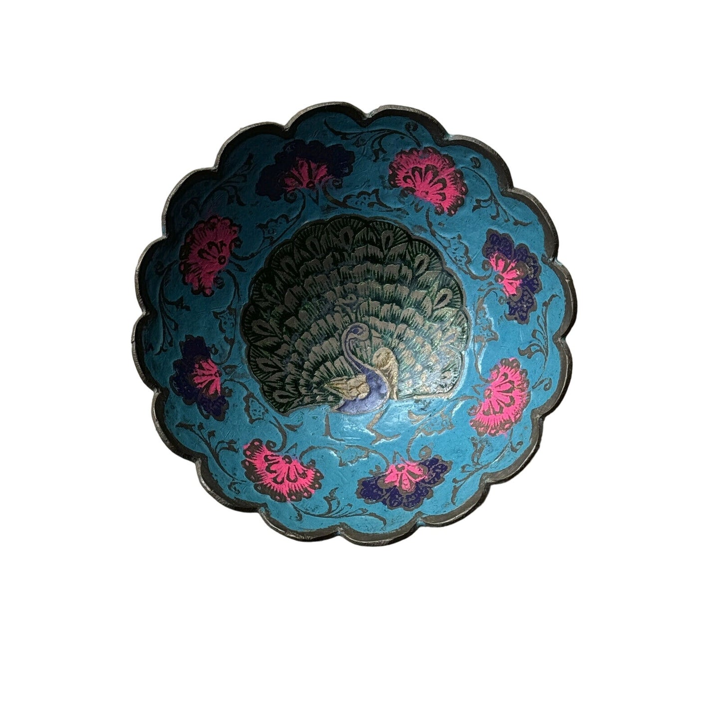 Vintage Brass Peacock Bowl - Cloisonné Enamel w Scalloped Edge - Made In India