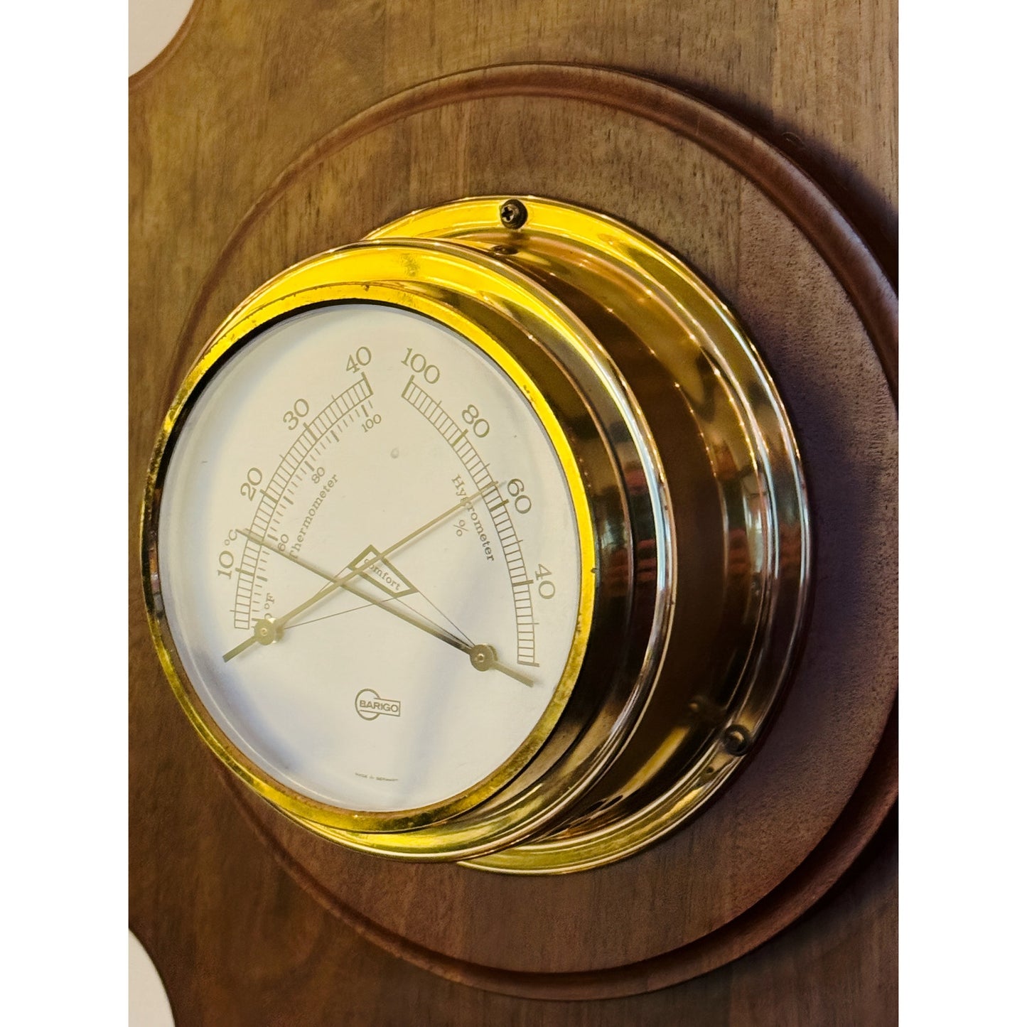 Vintage Barigo Weather Station - Thermometer Barometer in Brass Wood  Wall Mount