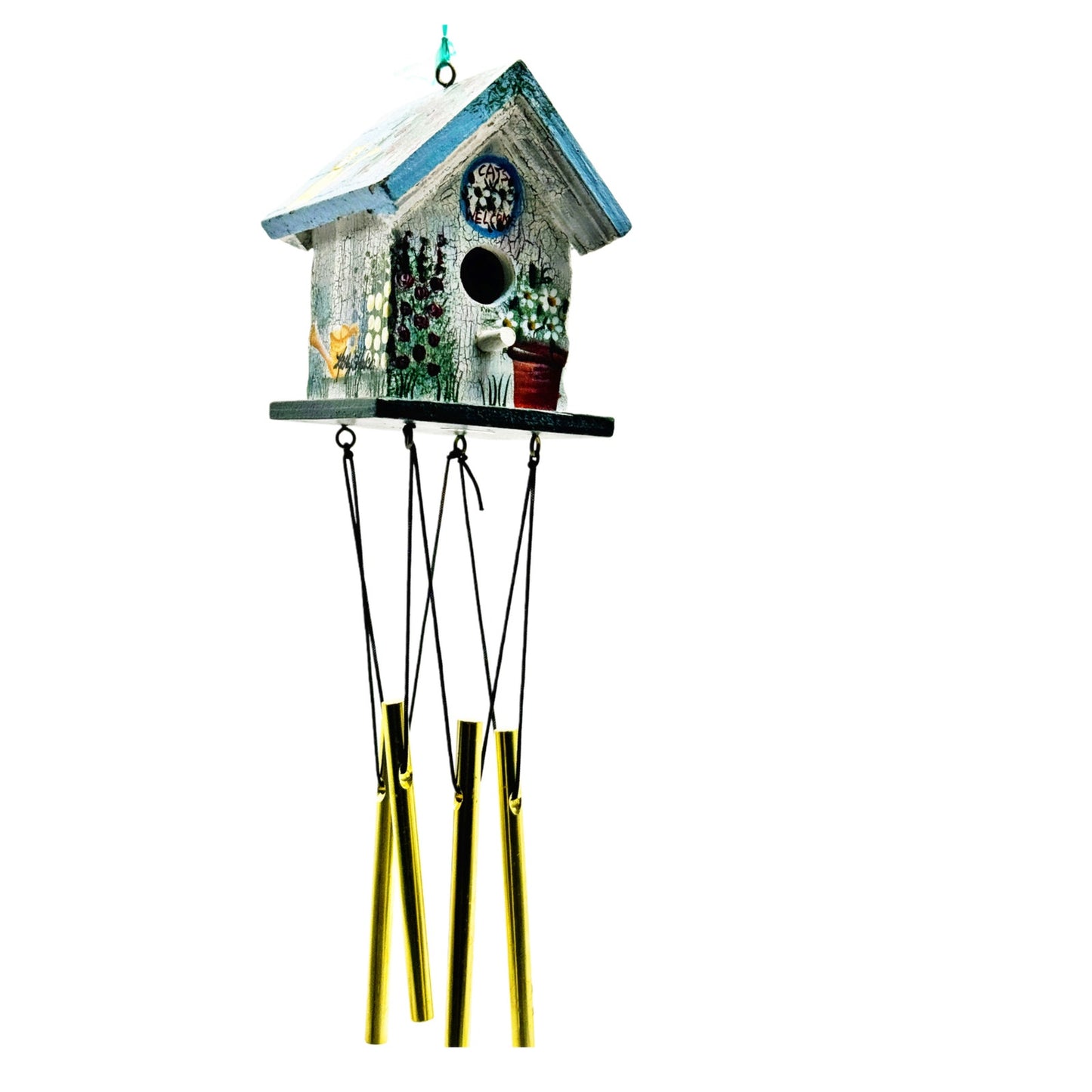 Kathy Hatch Hand-Painted Birdhouse Wind Chime - Cat & Floral Garden Decor