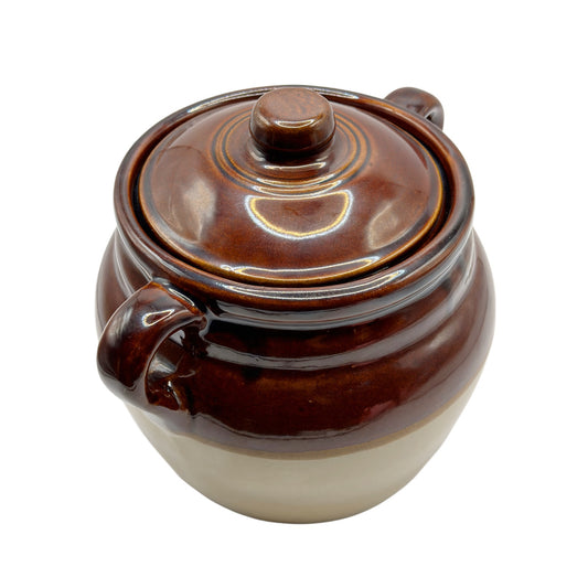 Vintage Monmouth Ceramic Bean Pot - Crock With Lid - Brown Two Toned