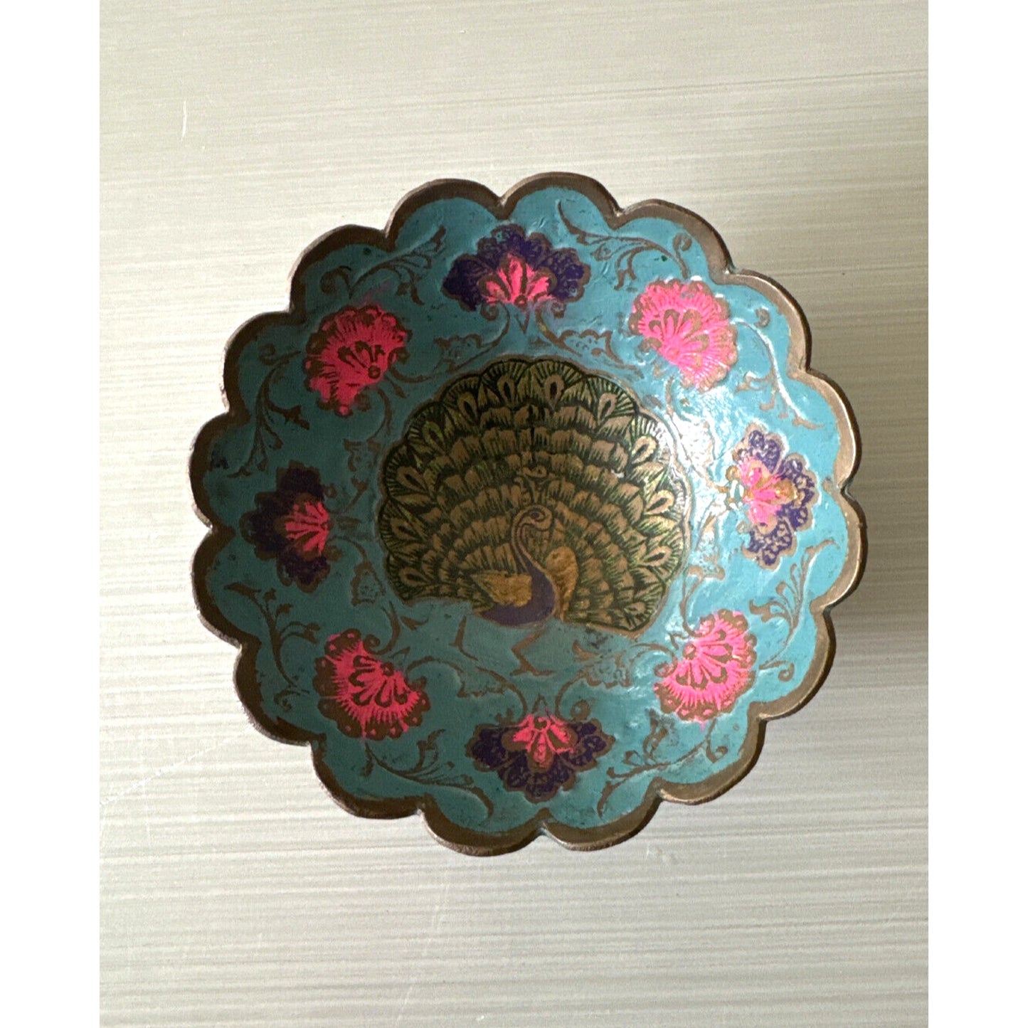 Vintage Brass Peacock Bowl - Cloisonné Enamel w Scalloped Edge - Made In India