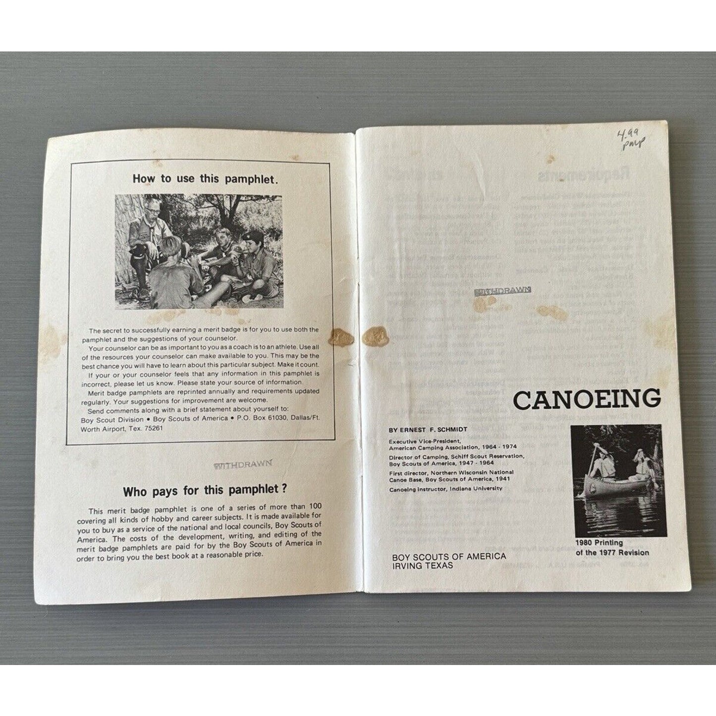 Vintage Boy Scout Merit Badge Book - 1980 Canoeing - Condition Fair Ex Libris