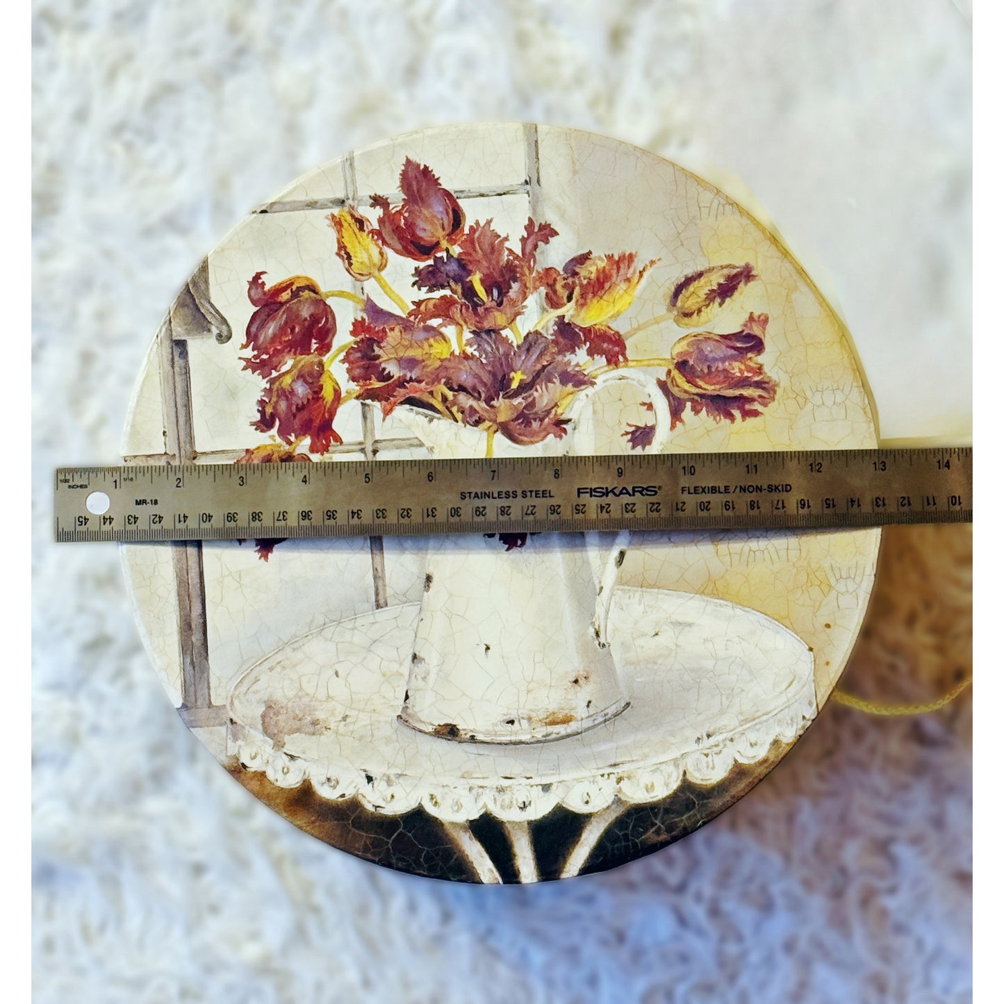 Floral Hat Box by Kathryn White - Large w Rope Handle - Cream & Cranberry Decor