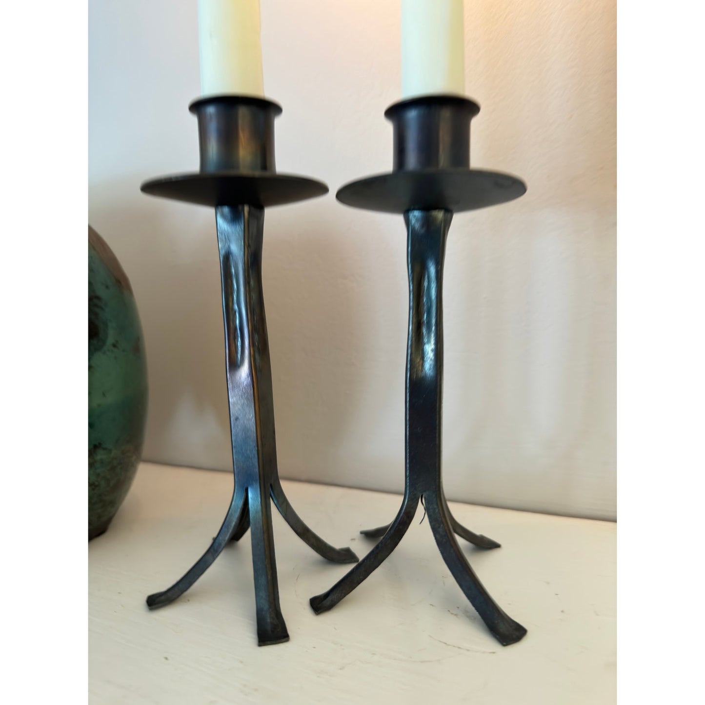 Vintage Bronze Candlesticks Pair – Iridescent - Minimalist Modern Rustic Design