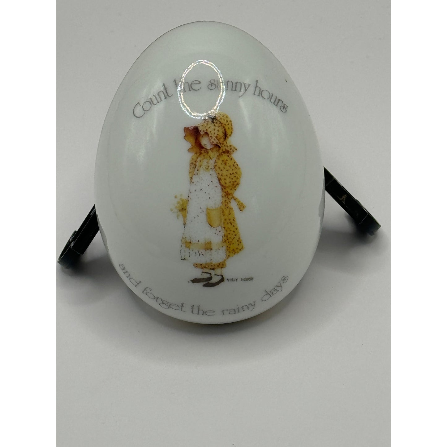 Vintage Holly Hobbie Ceramic Egg Trinket Box - "Count the Happy Hours"