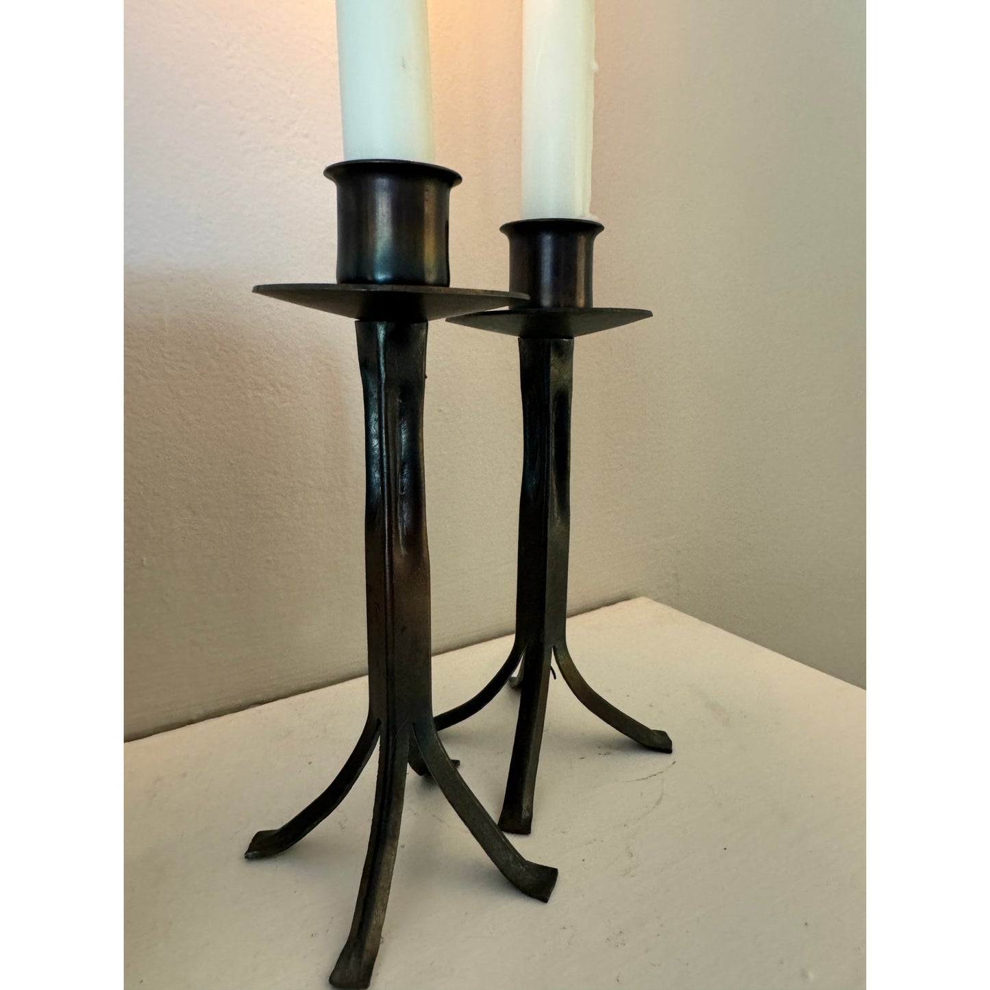 Vintage Bronze Candlesticks Pair – Iridescent - Minimalist Modern Rustic Design