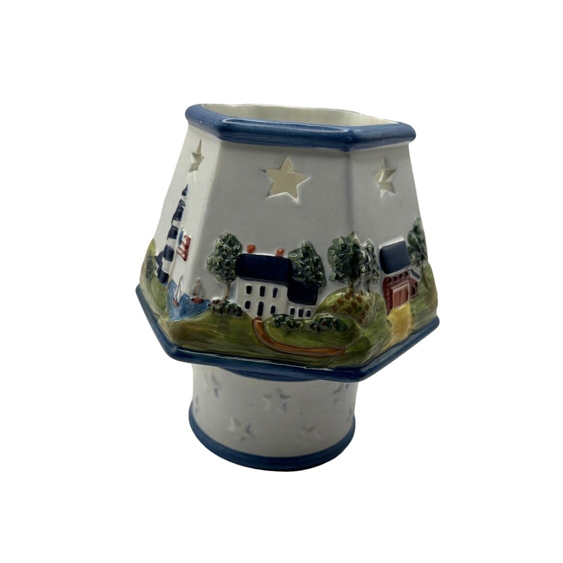 Coastal Lighthouse Ceramic Candle Holder with Cutout Stars – Nautical Decor