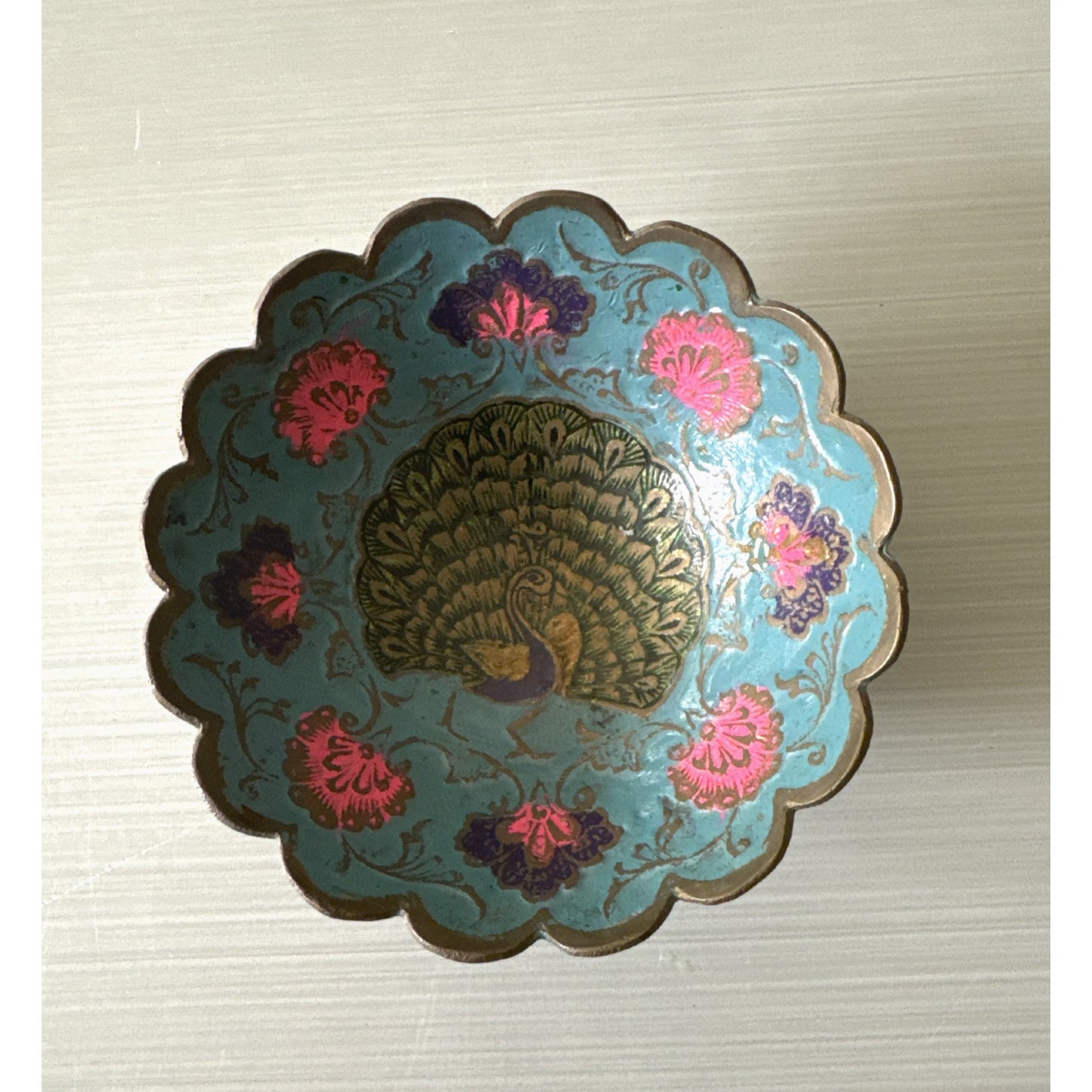 Vintage Brass Peacock Bowl - Cloisonné Enamel w Scalloped Edge - Made In India