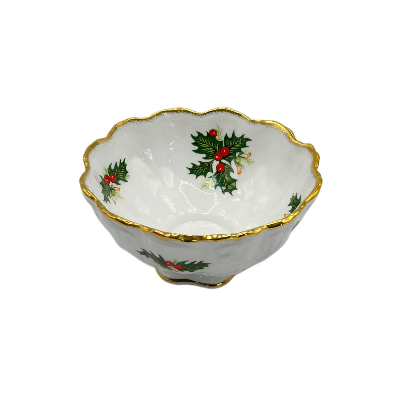 Scalloped Candy Bowl w Holly & Berries - Queen's Bone China - Rosina Yuletide