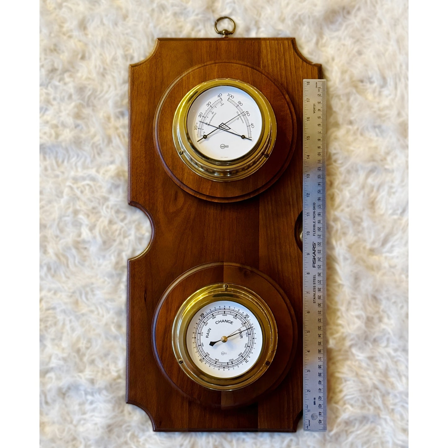 Vintage Barigo Weather Station - Thermometer Barometer in Brass Wood  Wall Mount