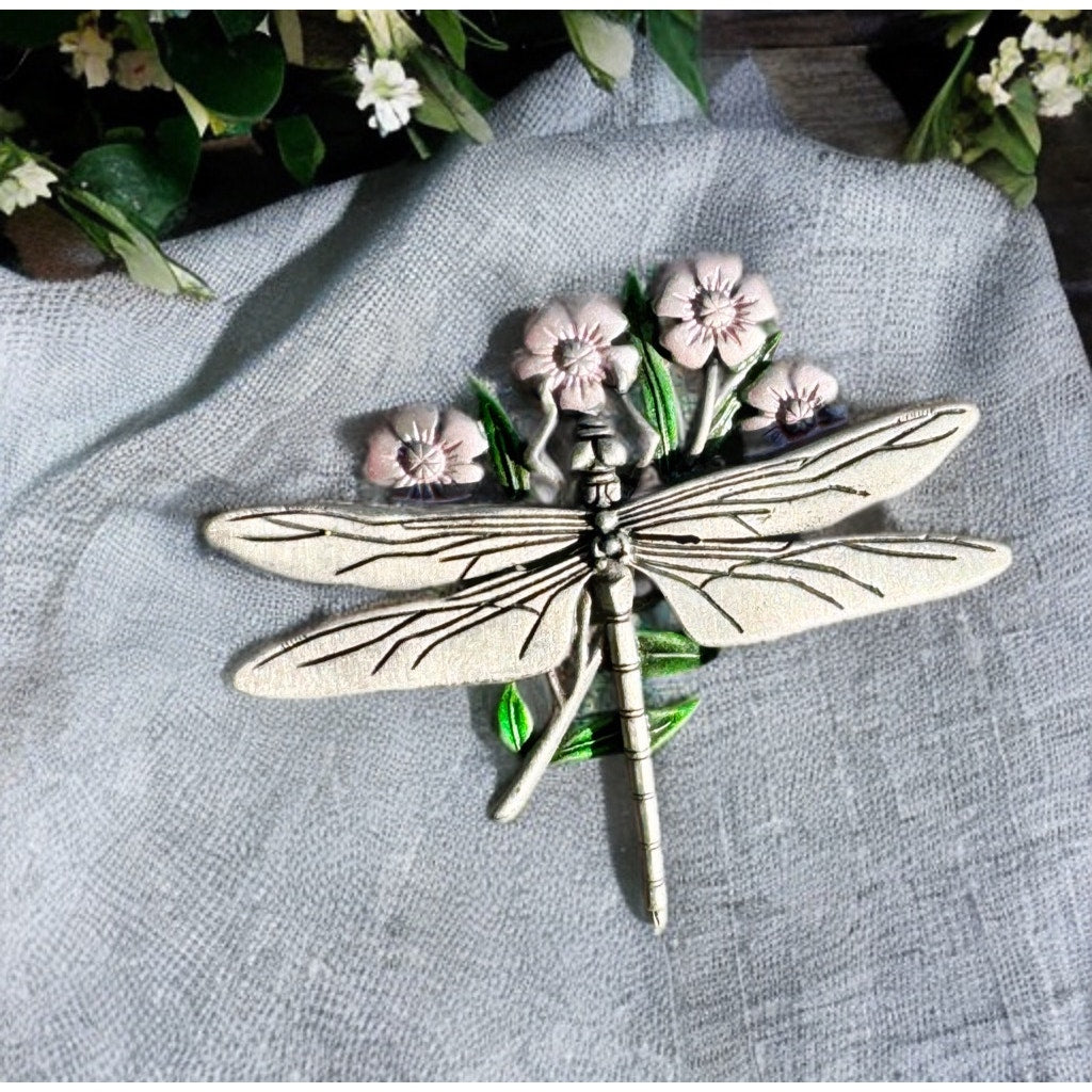 Vintage Jewelry - Dragonfly Brooch Pin in Pewter and Enamel - 1980's JJ Jonette