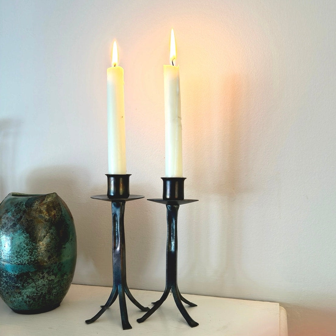 Vintage Bronze Candlesticks Pair – Iridescent - Minimalist Modern Rustic Design