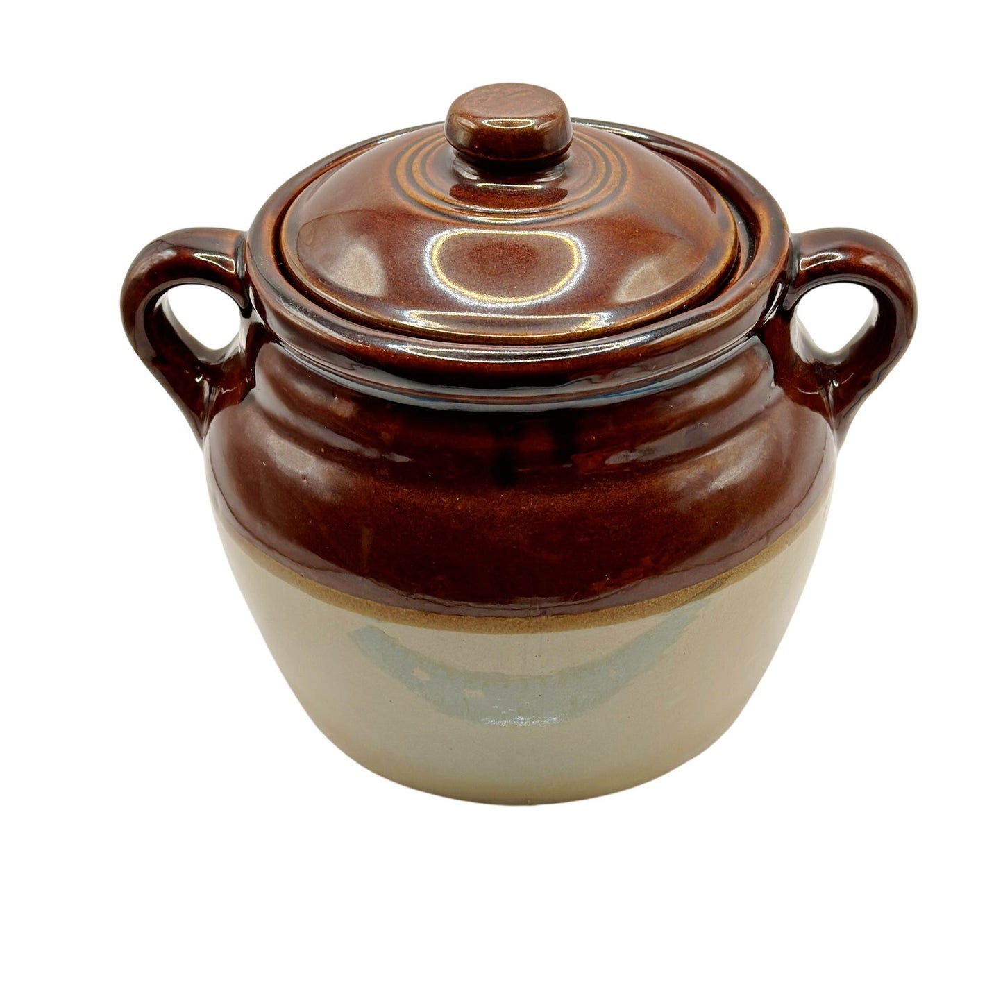 Vintage Monmouth Ceramic Bean Pot - Crock With Lid - Brown Two Toned