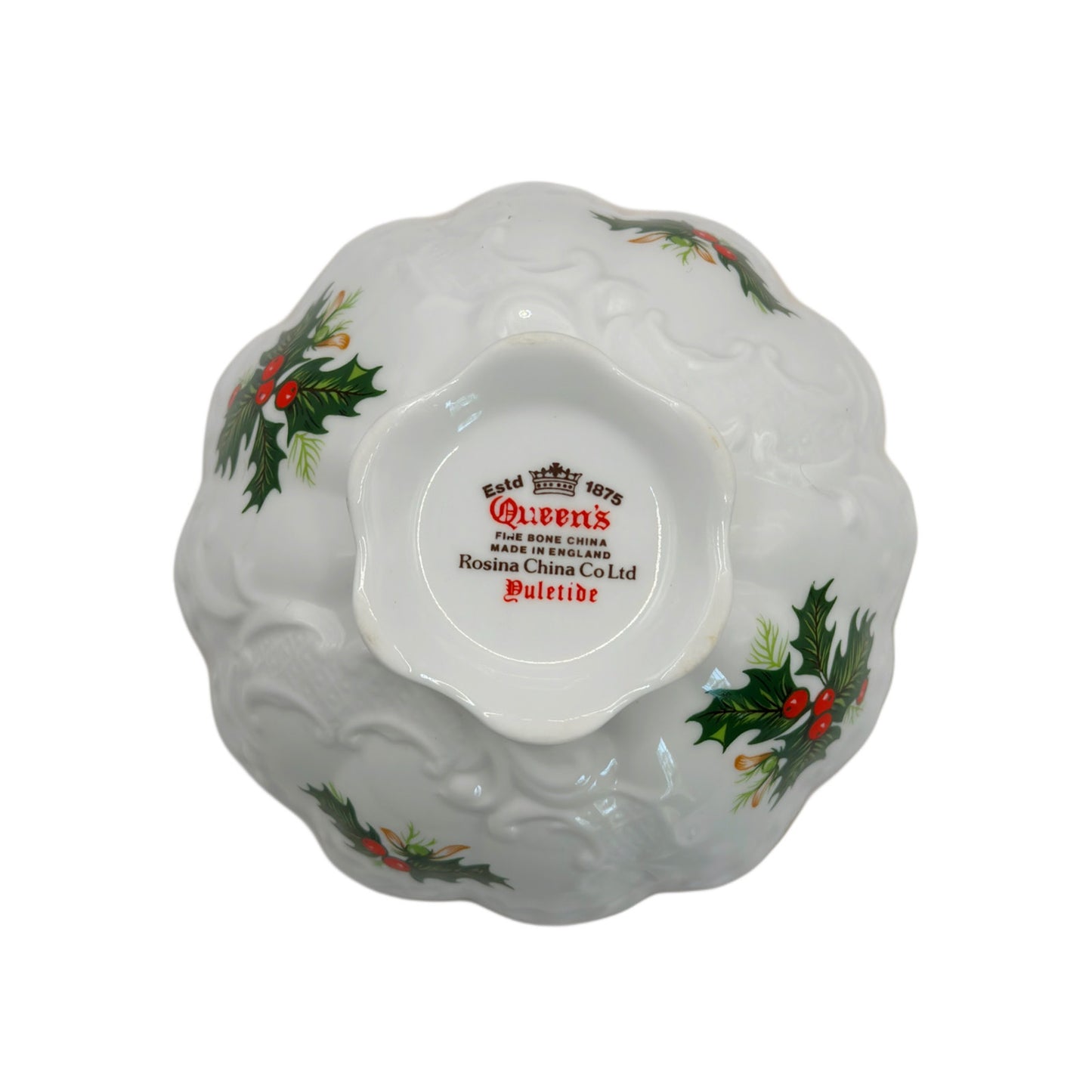 Scalloped Candy Bowl w Holly & Berries - Queen's Bone China - Rosina Yuletide