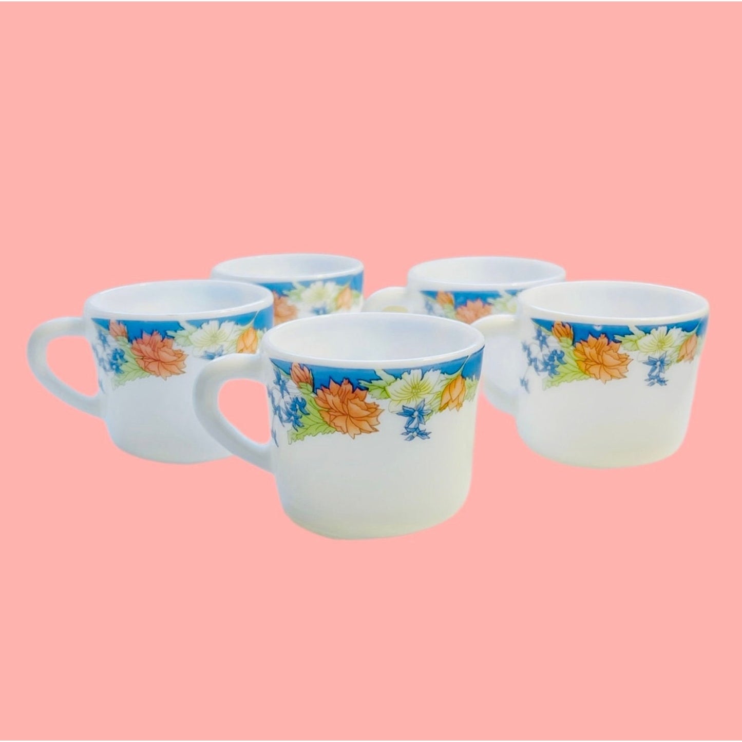 Vintage Opalware Espresso Cups - Set of 5 - Diplomat Royal Florine Pattern - 1970s Made in India - Microwave Safe