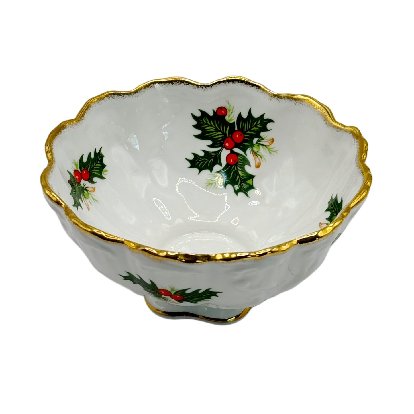 Scalloped Candy Bowl w Holly & Berries - Queen's Bone China - Rosina Yuletide