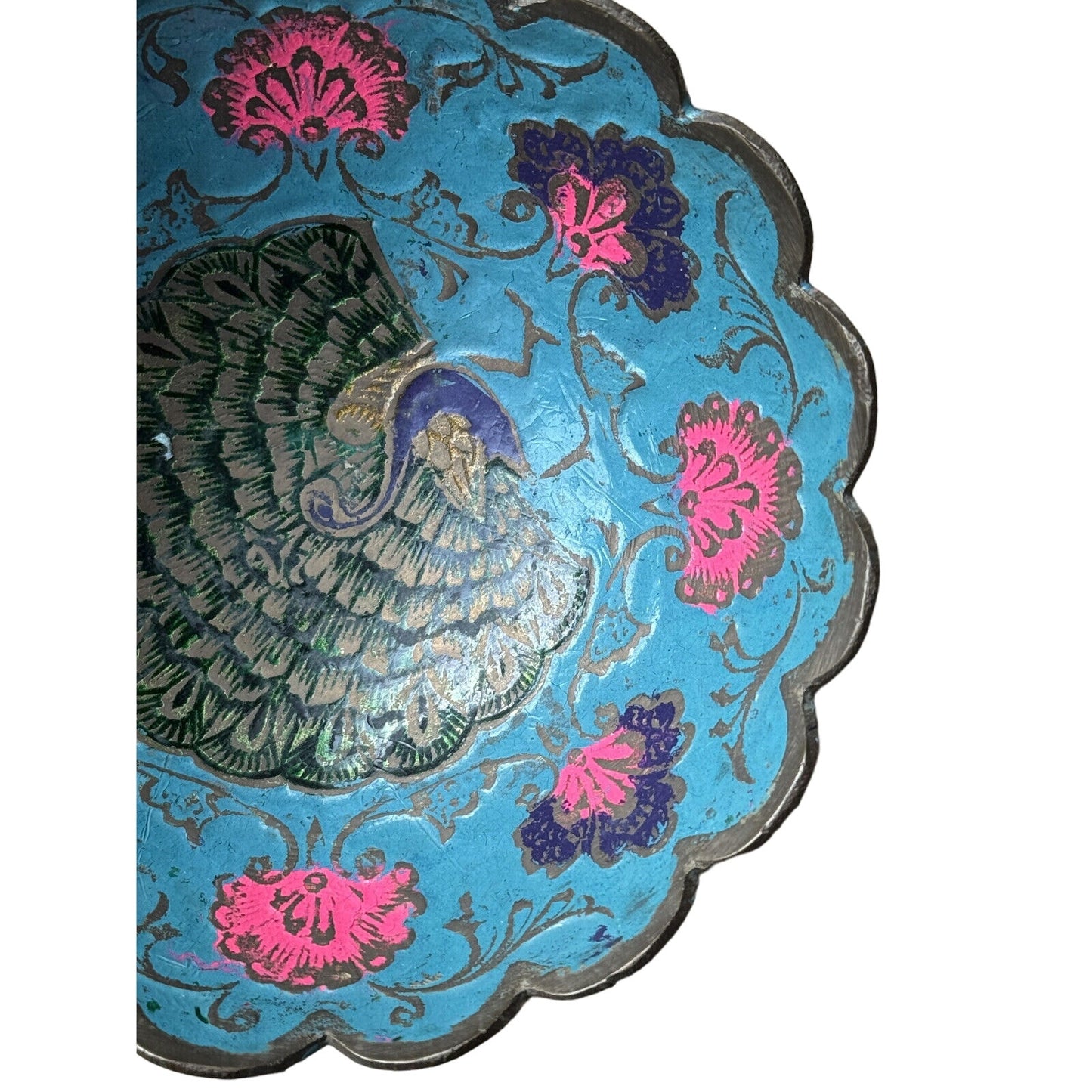 Vintage Brass Peacock Bowl - Cloisonné Enamel w Scalloped Edge - Made In India