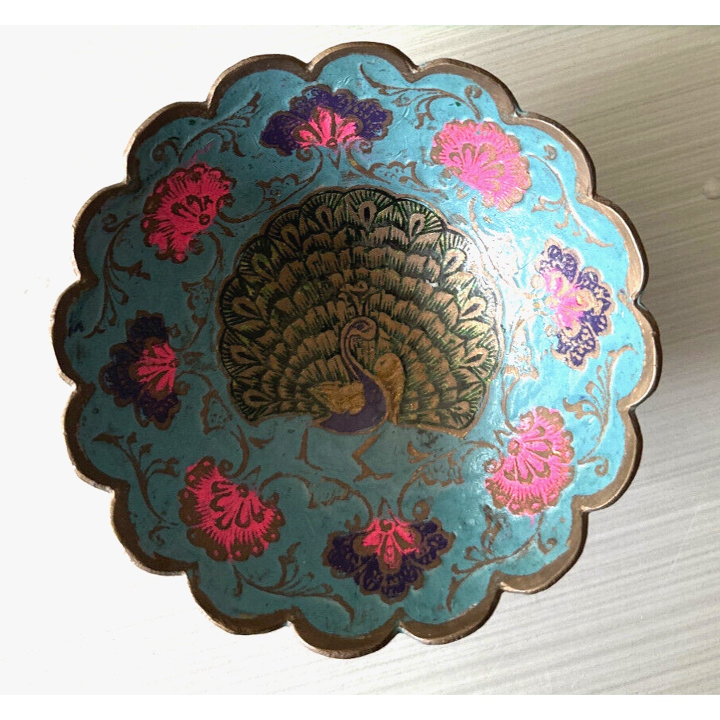 Vintage Brass Peacock Bowl - Cloisonné Enamel w Scalloped Edge - Made In India