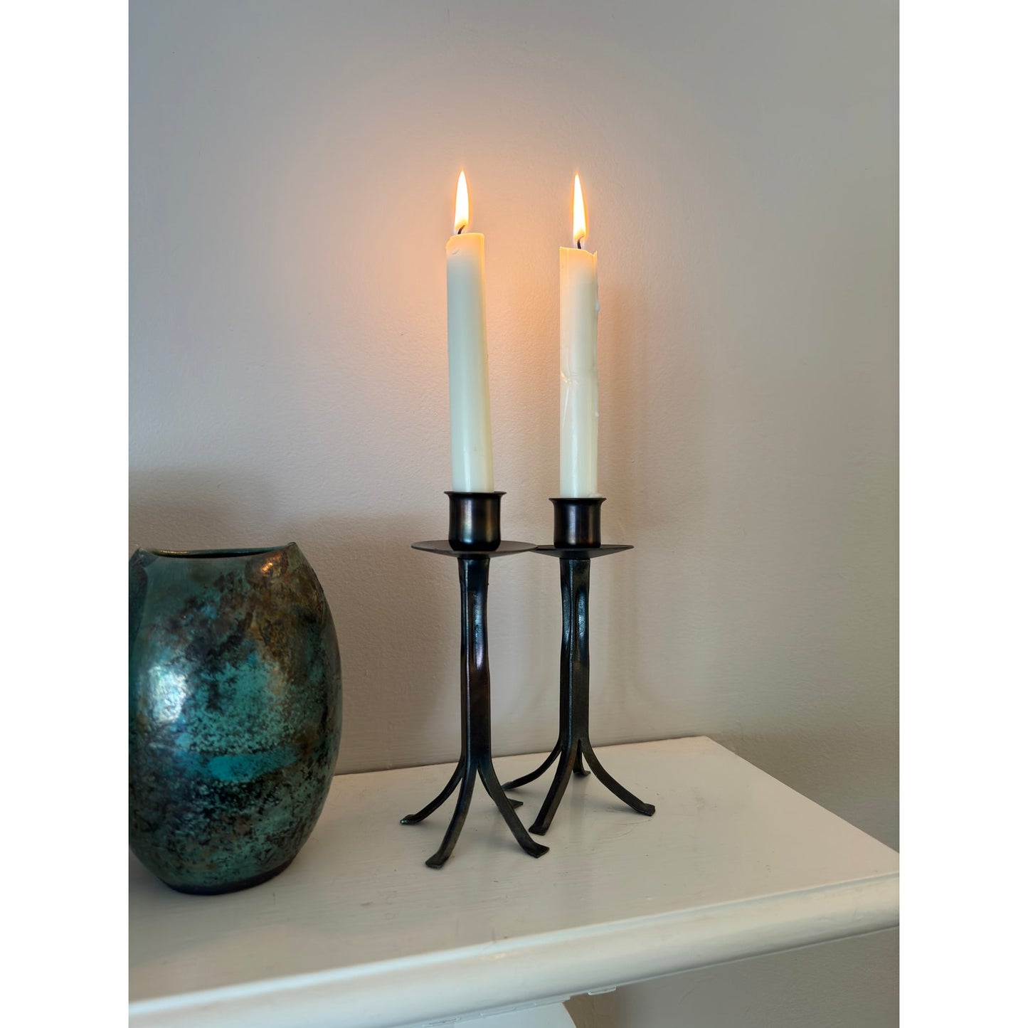 Vintage Bronze Candlesticks Pair – Iridescent - Minimalist Modern Rustic Design