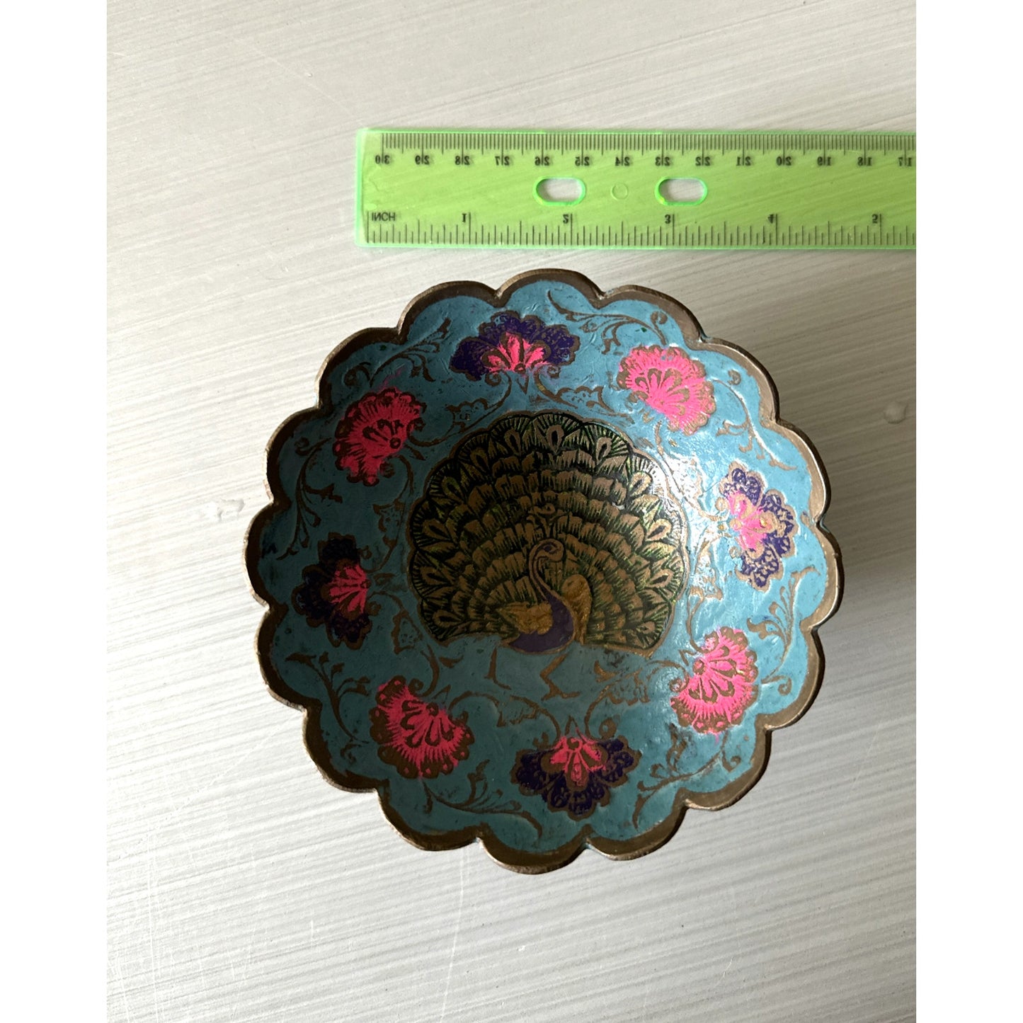 Vintage Brass Peacock Bowl - Cloisonné Enamel w Scalloped Edge - Made In India