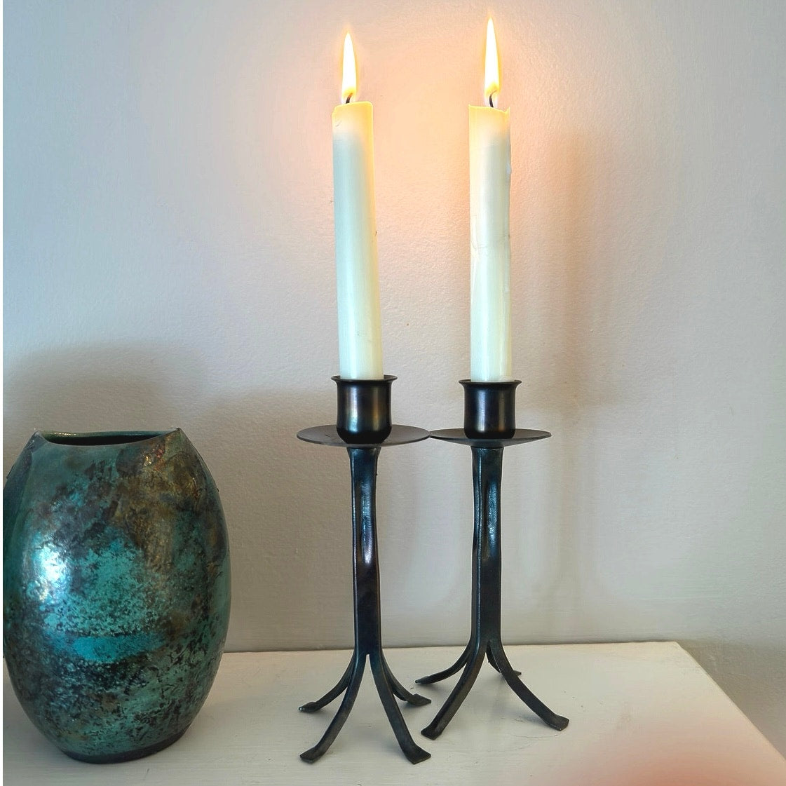 Vintage Bronze Candlesticks Pair – Iridescent - Minimalist Modern Rustic Design