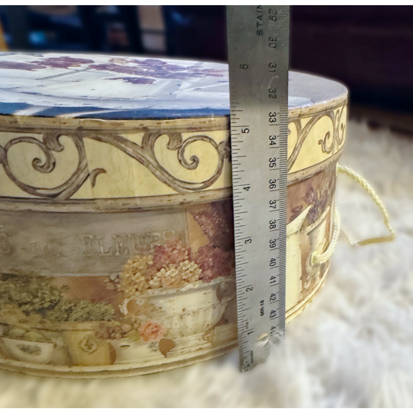 Floral Hat Box by Kathryn White - Large w Rope Handle - Cream & Cranberry Decor