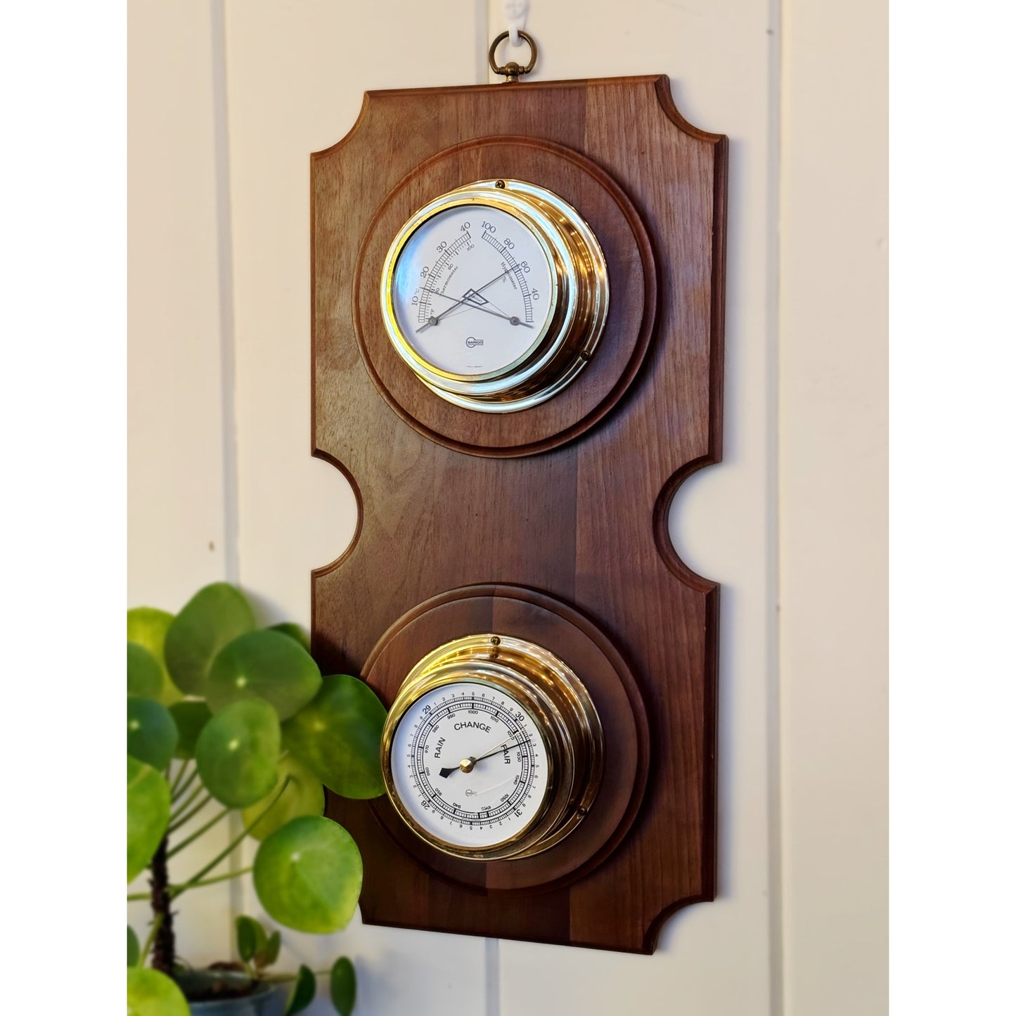 Vintage Barigo Weather Station - Thermometer Barometer in Brass Wood  Wall Mount