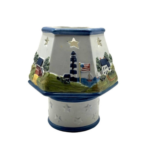 Coastal Lighthouse Ceramic Candle Holder with Cutout Stars – Nautical Decor